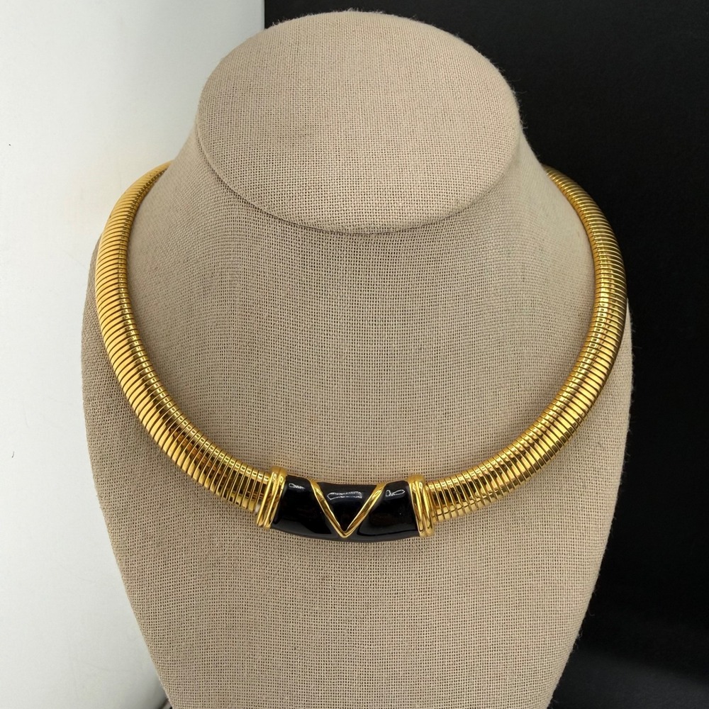 Vintage Monet Necklace Gold Tone Black Enamel Omega Statement 18"